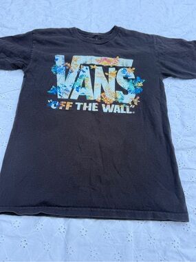 Vans Black Tee with Tropical Floral Vibes Size Small